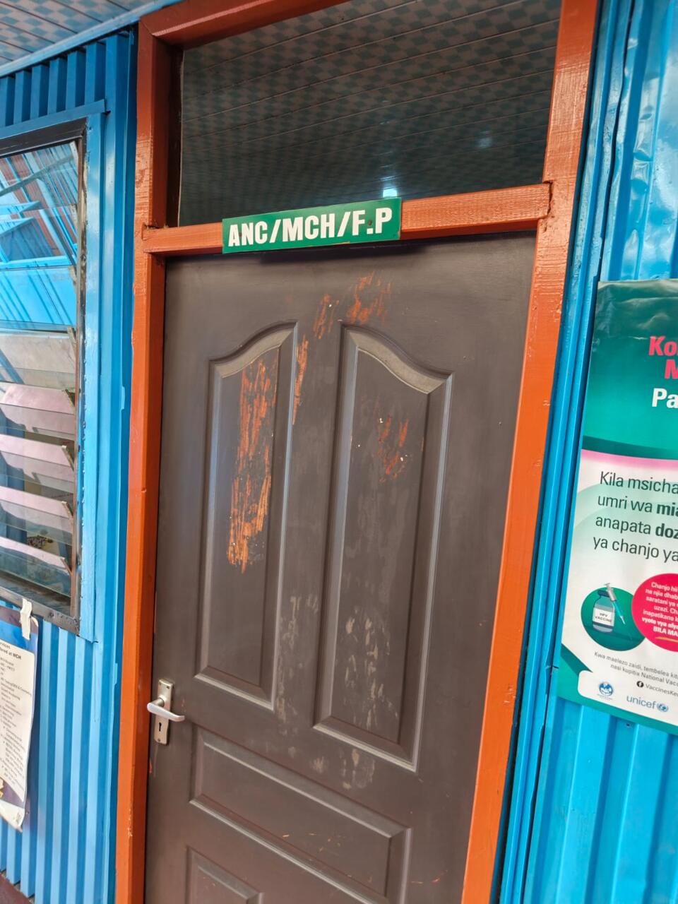 The door to the antenatal, child health and family planning room at Primegala, marked 'ANC/MCH/F.P'